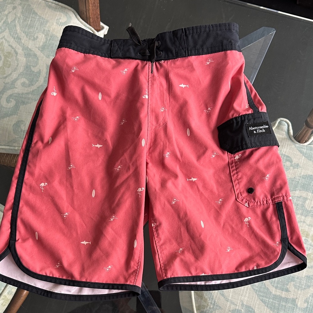 Abercrombie & Fitch Red Swim Shorts with Shark Design